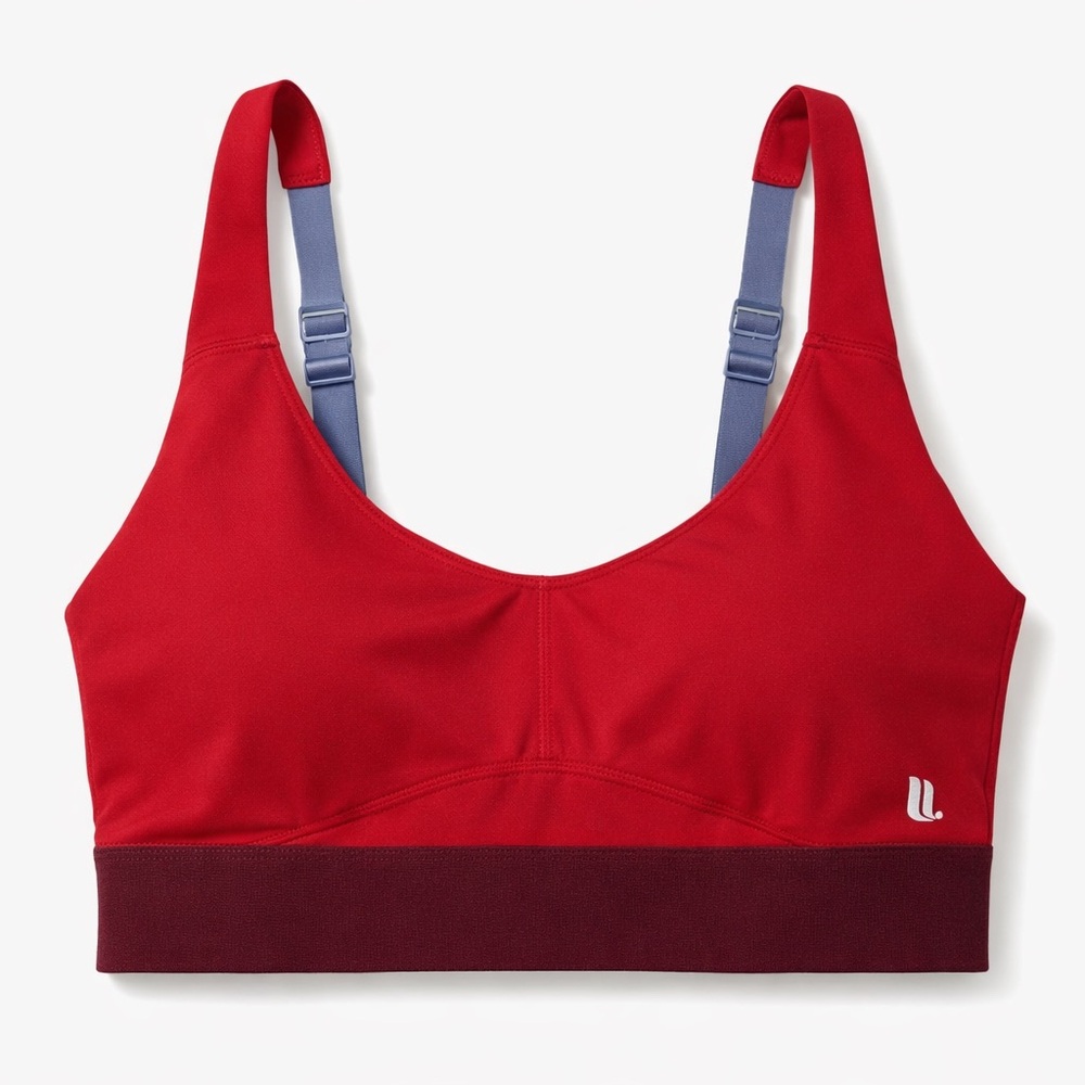 Fabletics Red Wireless Colorblock Sports Bra with Blue Straps